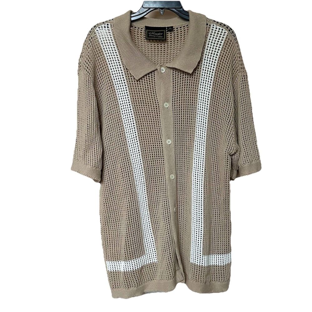 Massive Luxury Sweater Mens XL Tan Short Sleeve Knit Crochet Button Up Poolside